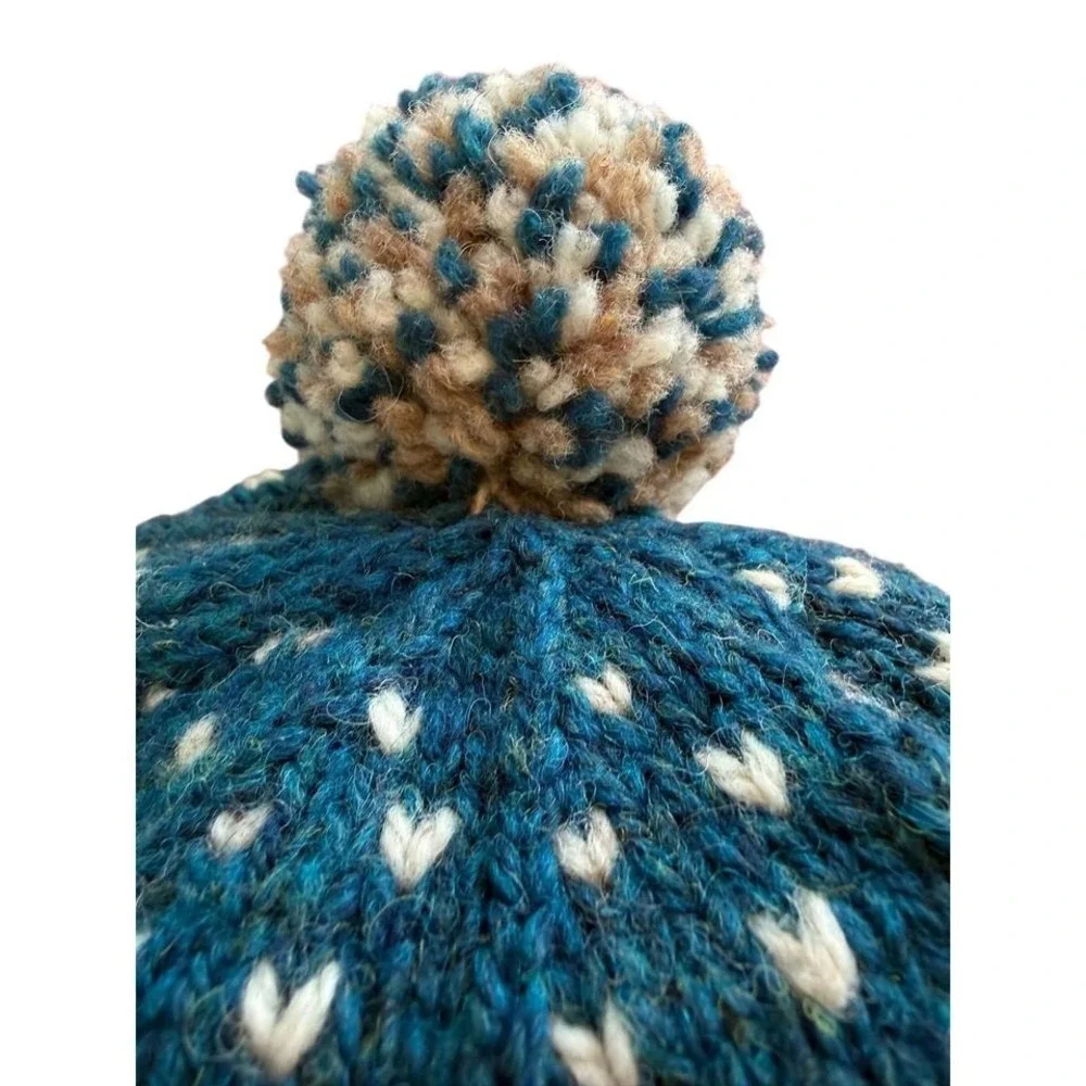 Hand Knit Sheep Fair Isle Beanie Teal Taupe‎ Wool Pom Pom  Hygge Gorpcore Nordic